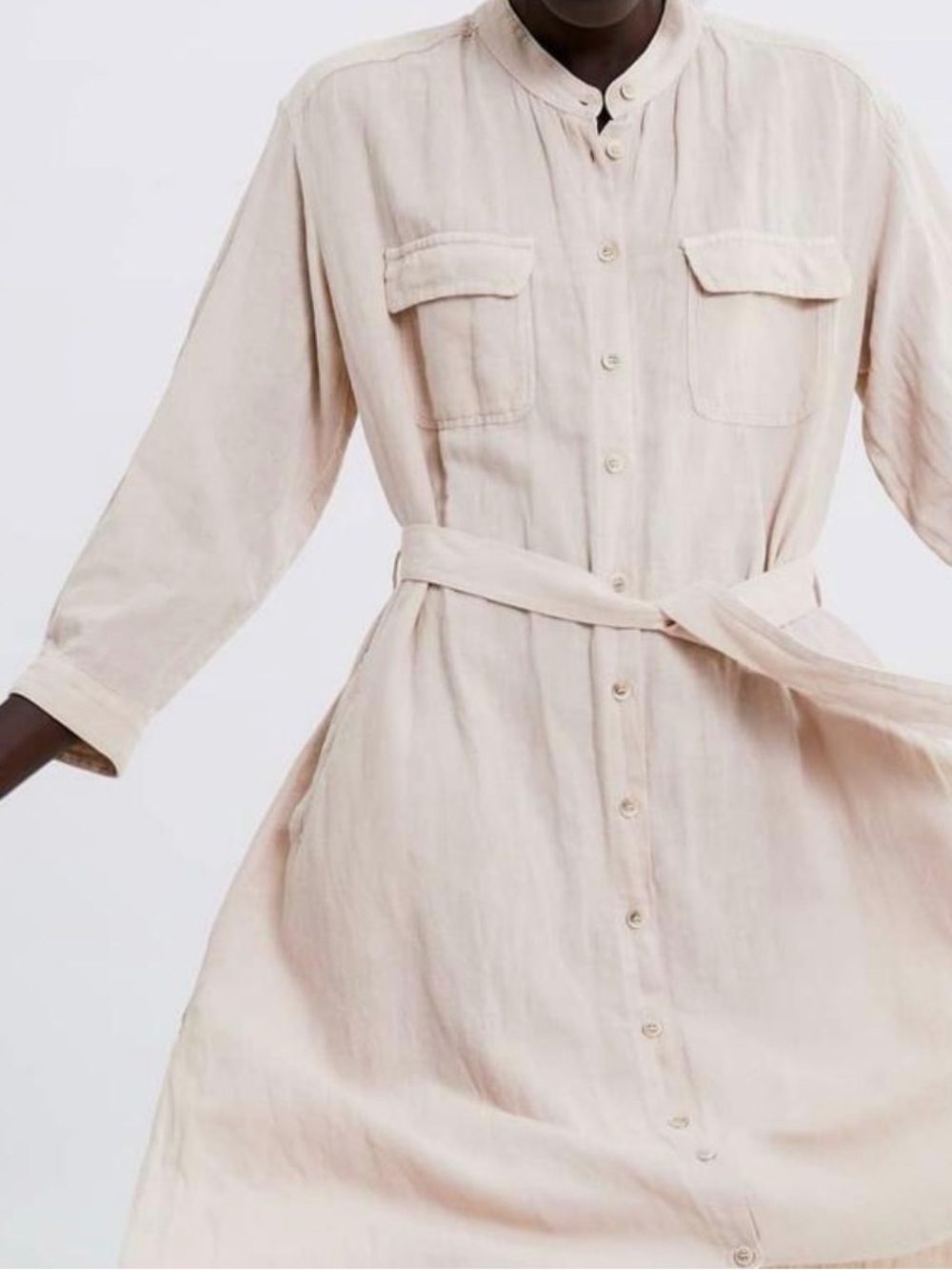 Zara Button-Up Tie-Waist Shirt Dress in Light Beige